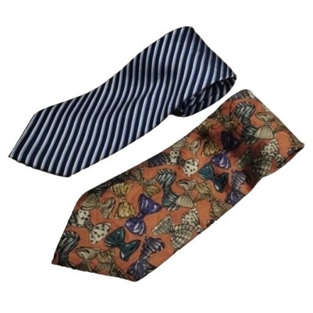Nautica Lot Of 2 Men's Tie 100% Pure Silk Blue Striped & Orange Bowtie Pattern